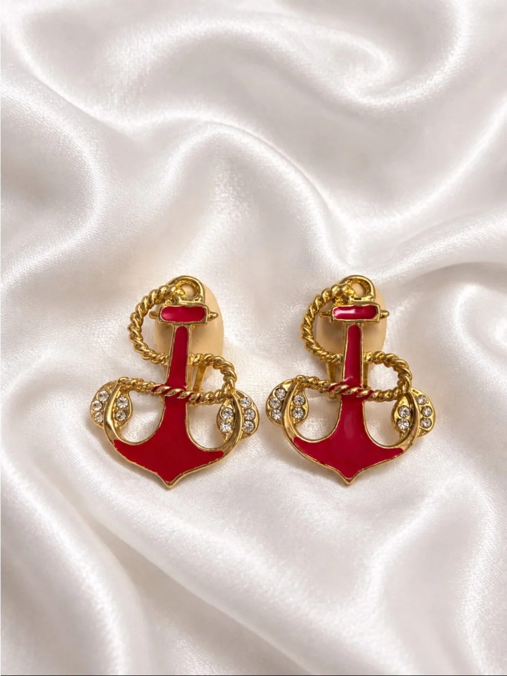 Gold-Tone Red Anchor Clip-on Earrings with Crystal Accents